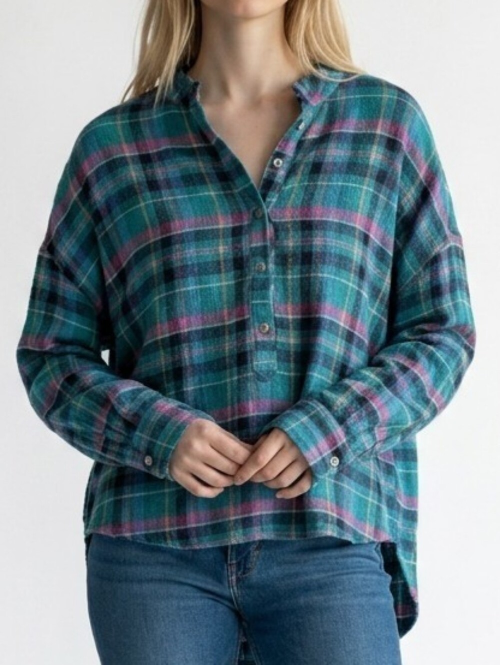 Anthropologie Pilcro Blue Pink Plaid Long Sleeve Button-Up Women's Top Size S
